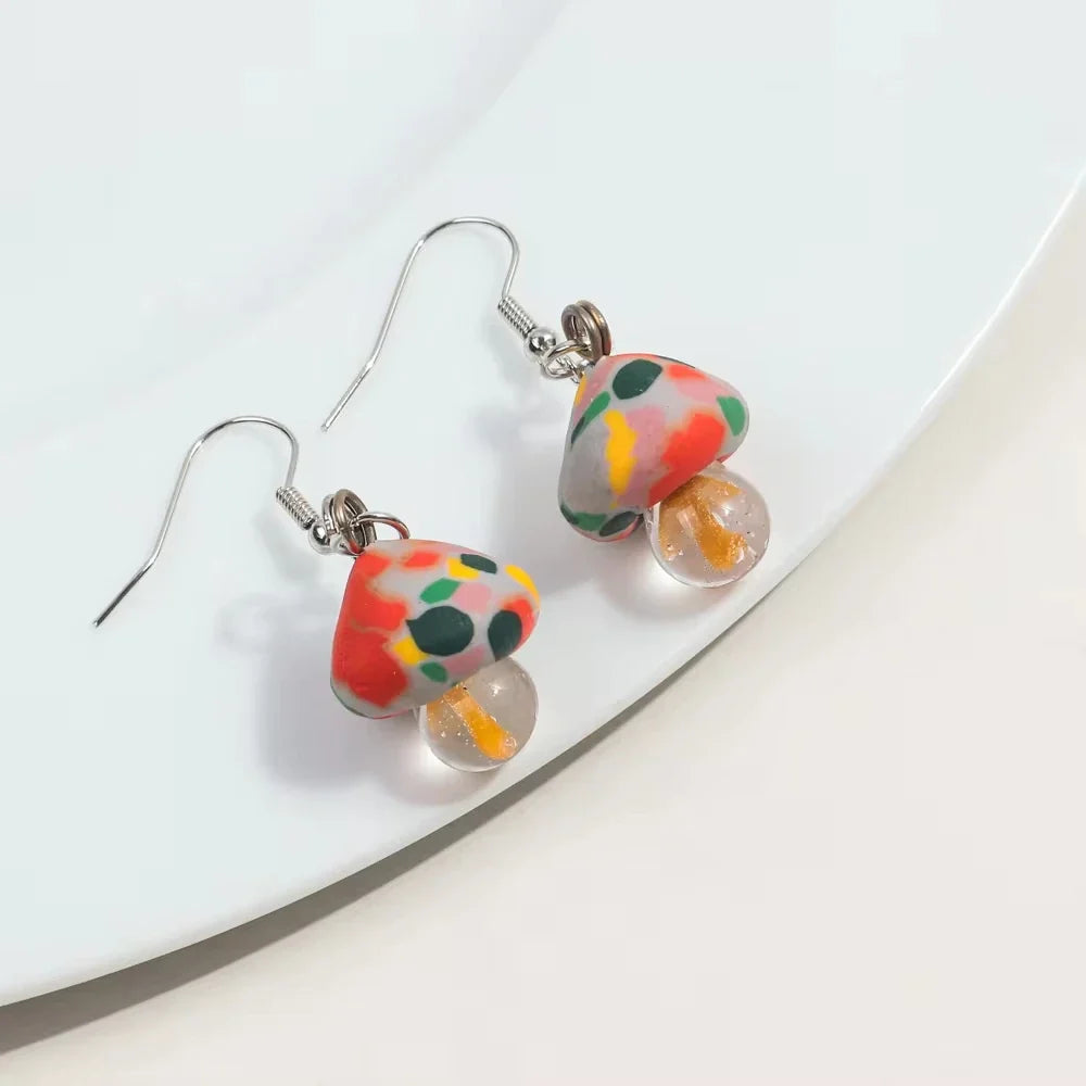 New Cute Polymer Clay Mushroom Acrylic Drop Earrings for Women Cartoon Colorful Flower Pendant Earring 2024 Trend Jewelry Gift