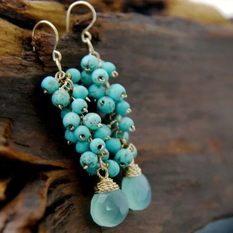 Aqua Chalcedony Labradorite Cluster Wire Wrapped Dangle Earrings