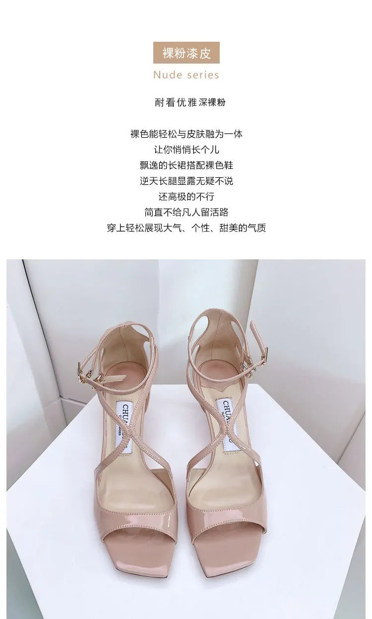 Luxury Sequined Women Gladiator Sandals Summer Designer Shoes for Women 2026 Square Head Hollow High Heels Fashion Ladies Shoes