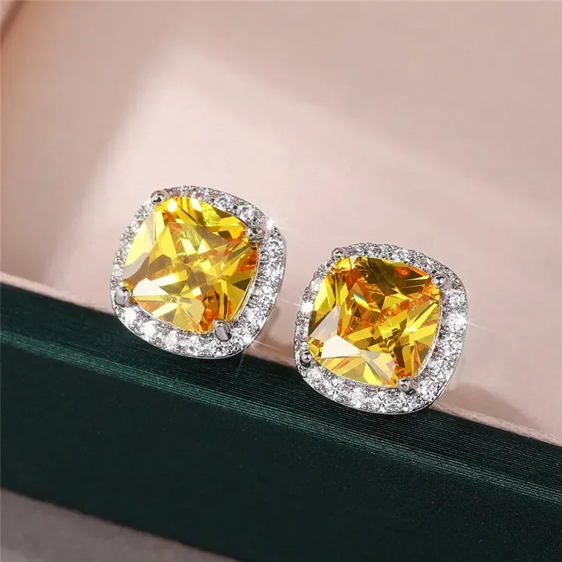 Huitan Classic Cushion Shape Stud Earrings with Brilliant Cubic Zirconia Stone Wedding Engagement Party Luxury Jewelry for Women