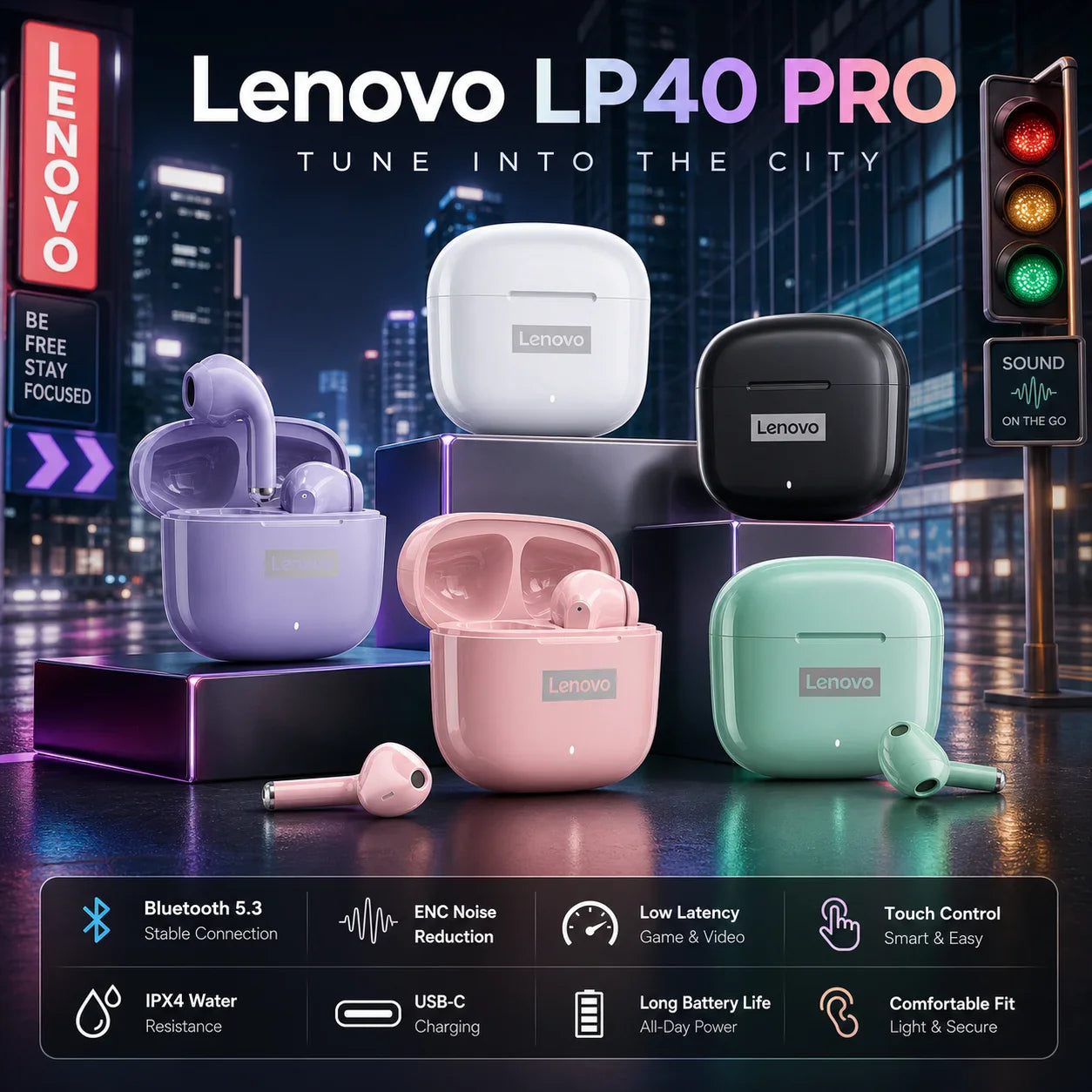 NEW Lenovo LP40 Pro TWS Bluetooth 5.3 Quick Connect Earphones  Ergonomic  Design  Headphones Powerful Transmission Speed Headset