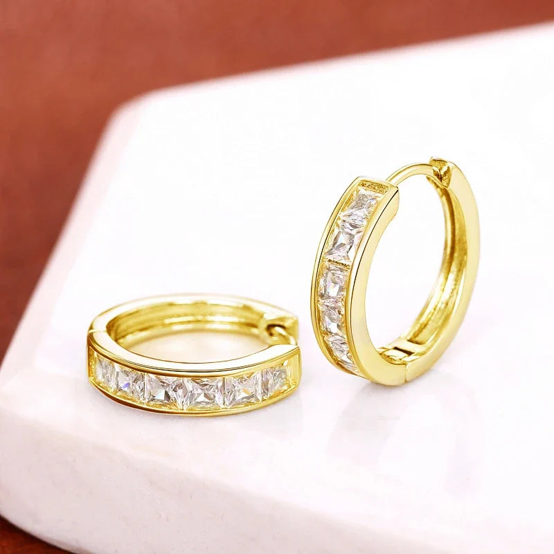 Huitan Hoop Earrings with Princess Cubic Zirconia Exquisite Ear Circle Earrings for Women Silver Color Fashion Versatile Jewelry