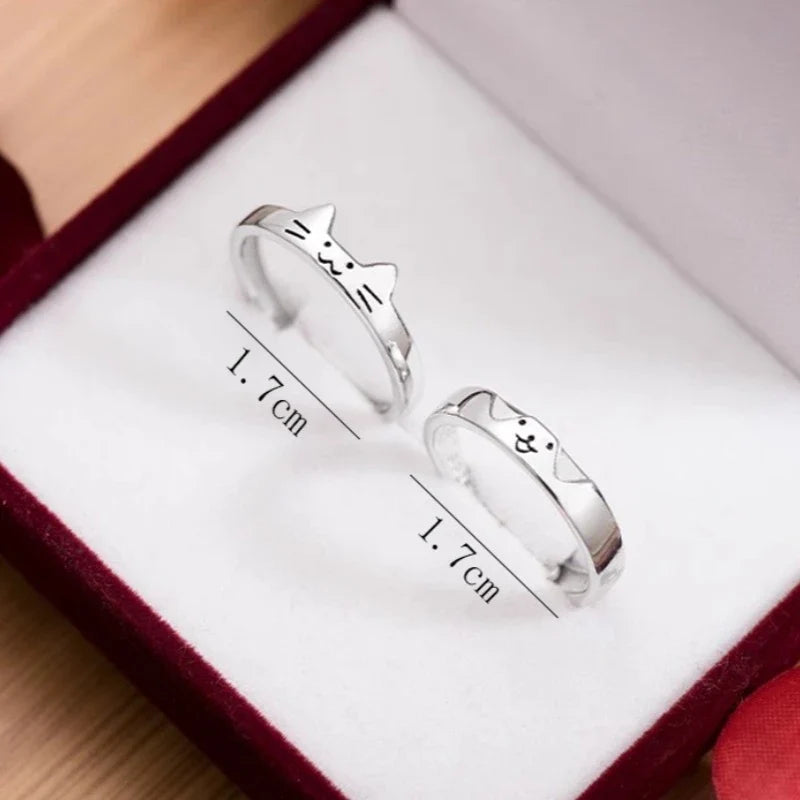 2pcs Simple Design Cute Cat Dog Animal Adjustable Couple Ring for Women Men Cartoon Fashion Couple  Friends Rings Jewelry Gifts