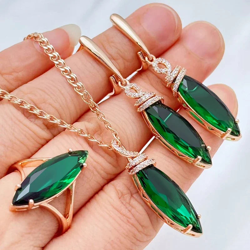 Kinel Hot Shiny Rhombus Green Natural Zircon Ring Earrings Necklace for Women Trend 585 Rose Gold Color Daily 3pcs Jewelry Sets