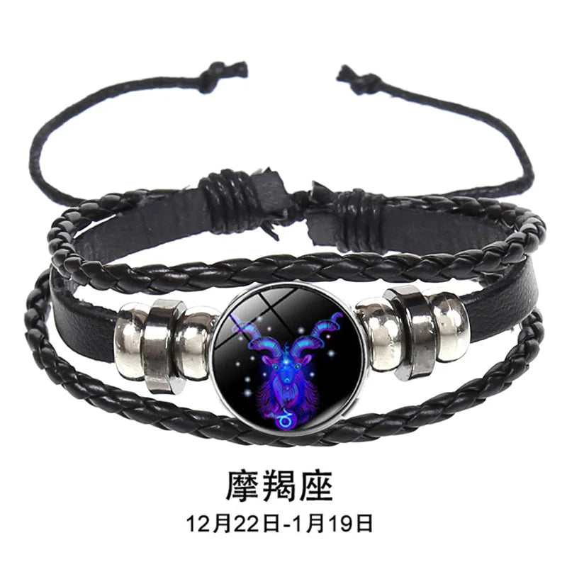 12 Constellation Zodiac Sign Charm Luminous Bracelets Men Women Vintage Multilayer Wrap Leather Chain Bangle Birthday Jewelry