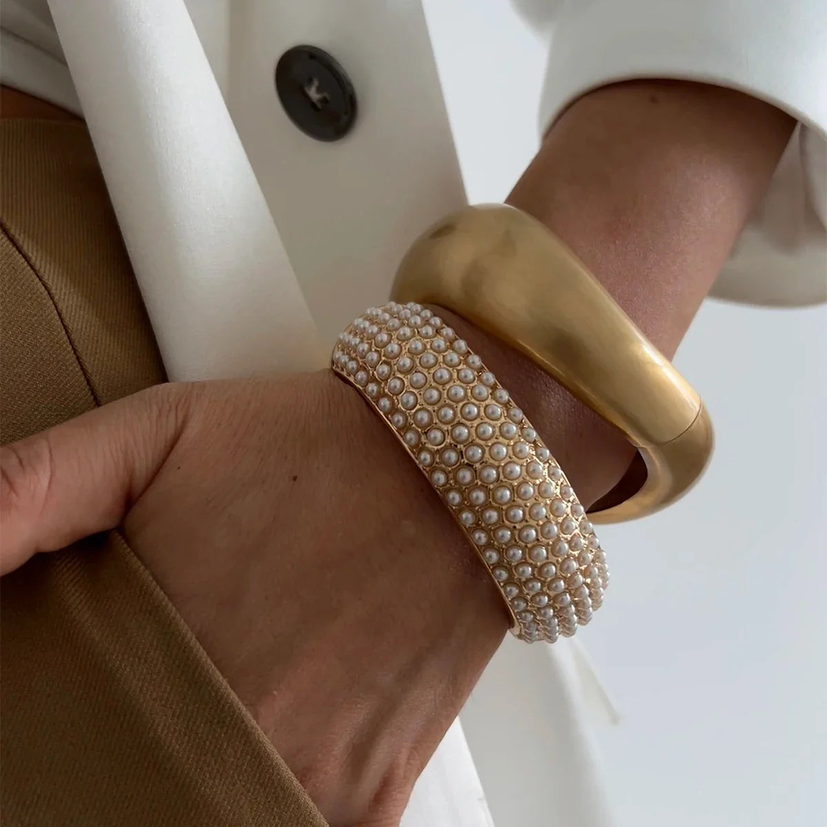 SHIXIN Design Geometric Water Drop Gold Color Wide Spring Bangles for Women Elegant Imitation Pearl Cuff Bracelets New Jewelry