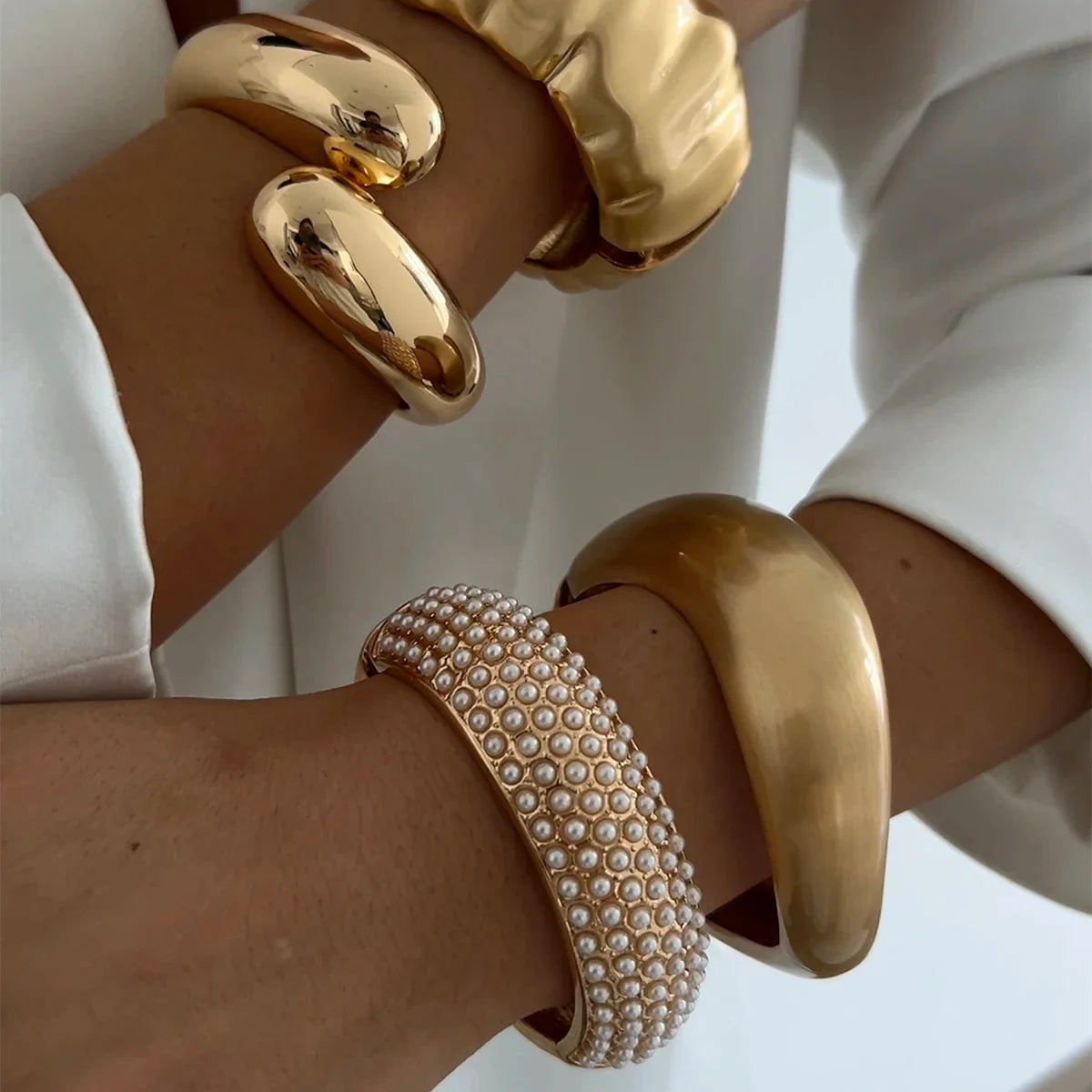 SHIXIN Design Geometric Water Drop Gold Color Wide Spring Bangles for Women Elegant Imitation Pearl Cuff Bracelets New Jewelry