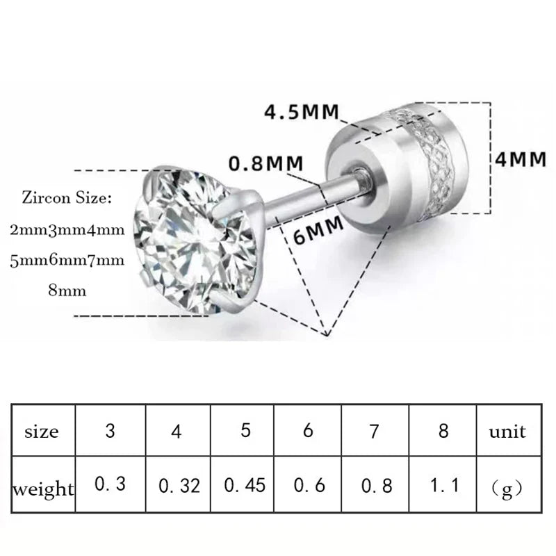 TOP 4 Color Titanium Steel Stud Earrings for Men Women CZ Zircon Screw Silver Black Rose Golden Earring Best Gift Jewelry