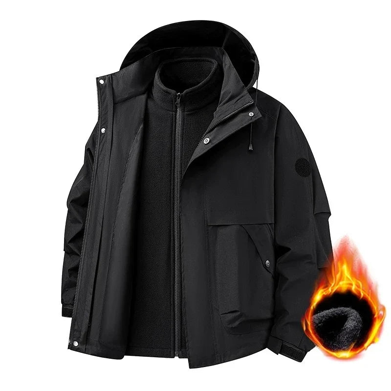 New Autumn and Winter Three in One Outdoor Jacket for Couples Warm Hooded Waterproof Two-piece Set Windbreaker Hiking Jacket