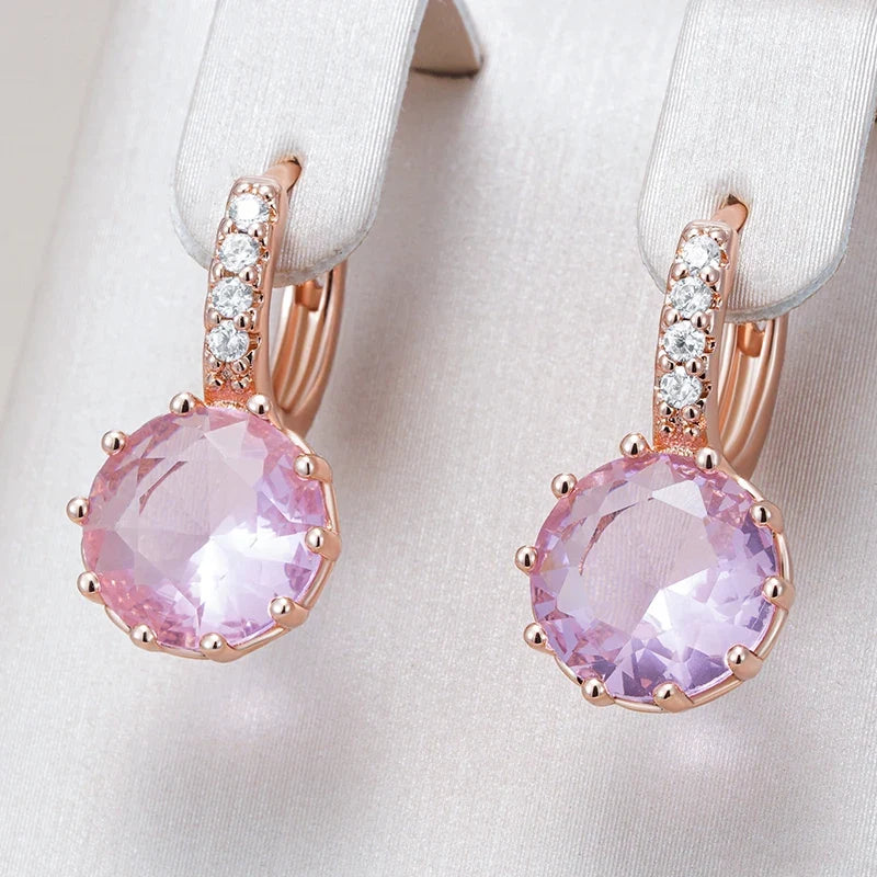 Kinel Hot Shiny Pink Natural Zircon Bride Drop Earrings for Women Fashion 585 Rose Gold Color High Quality Daily Fine Jewelry