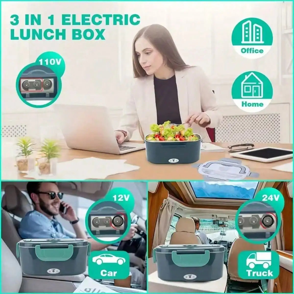 Electric Heating Lunch Box; 1.5L 304 Stainless Steel Dual Compartment Food Warmer, 12V Car Use, Portable Heated Bento Box With Fork, Spoon & Insulated Bag, Viral Must-Have For Office, Travel & Road Trips, Perfect Gift For Commuters, Drivers