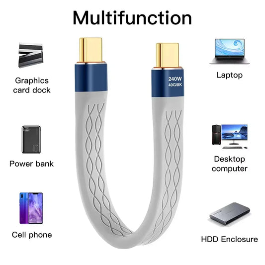 Type-C to Type-C 240W Short Cable Fast Charging USB-C Cord 40Gbps Data Transfer 8K Flat Slim FPC Data Charge Extension Cable