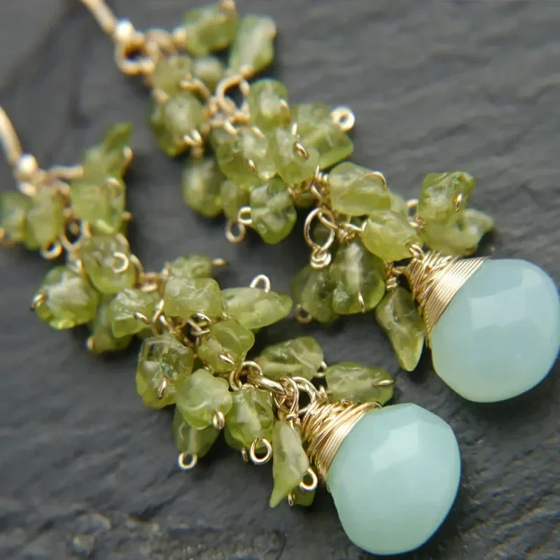 Aqua Chalcedony Labradorite Cluster Wire Wrapped Dangle Earrings