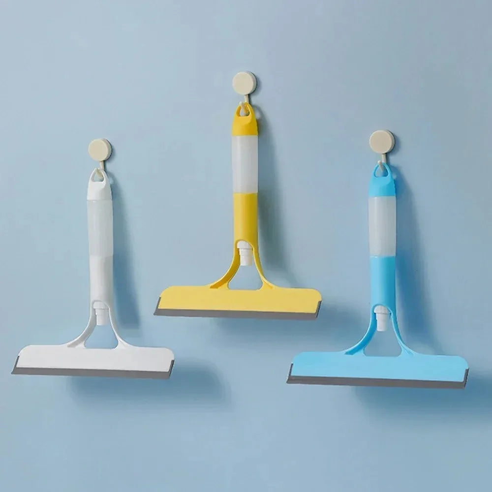 A household glass cleaning scraper that combines the functions of a watering can and a window scraper.