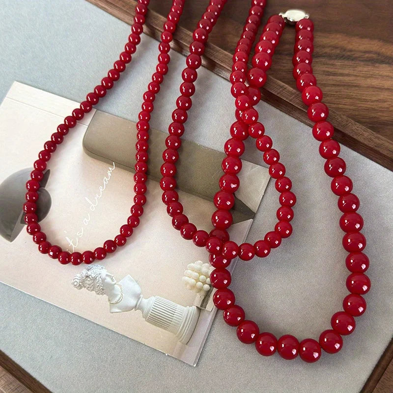 Handmade Vintage Chinese Style Glass Bead Necklace with Antique Red Glass Beads and Gold Coin Closure, Versatile Neckpiece