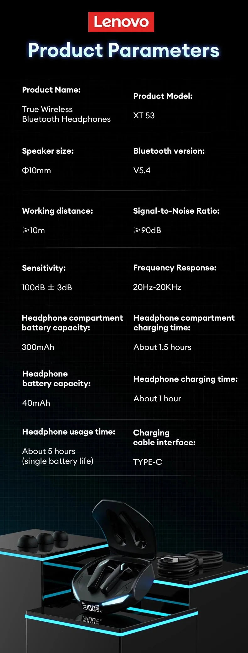 Choice Lenovo XT53 Earphone Wireless Bluetooth 5.4 Headphones Low Latency Gaming Headset Noise Reduction LED Display Earbuds New