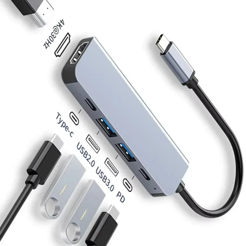5-in-1 Type-C Hub & USB-C Dock - Multi-Function Adapter for Phone, PC, and Mac
