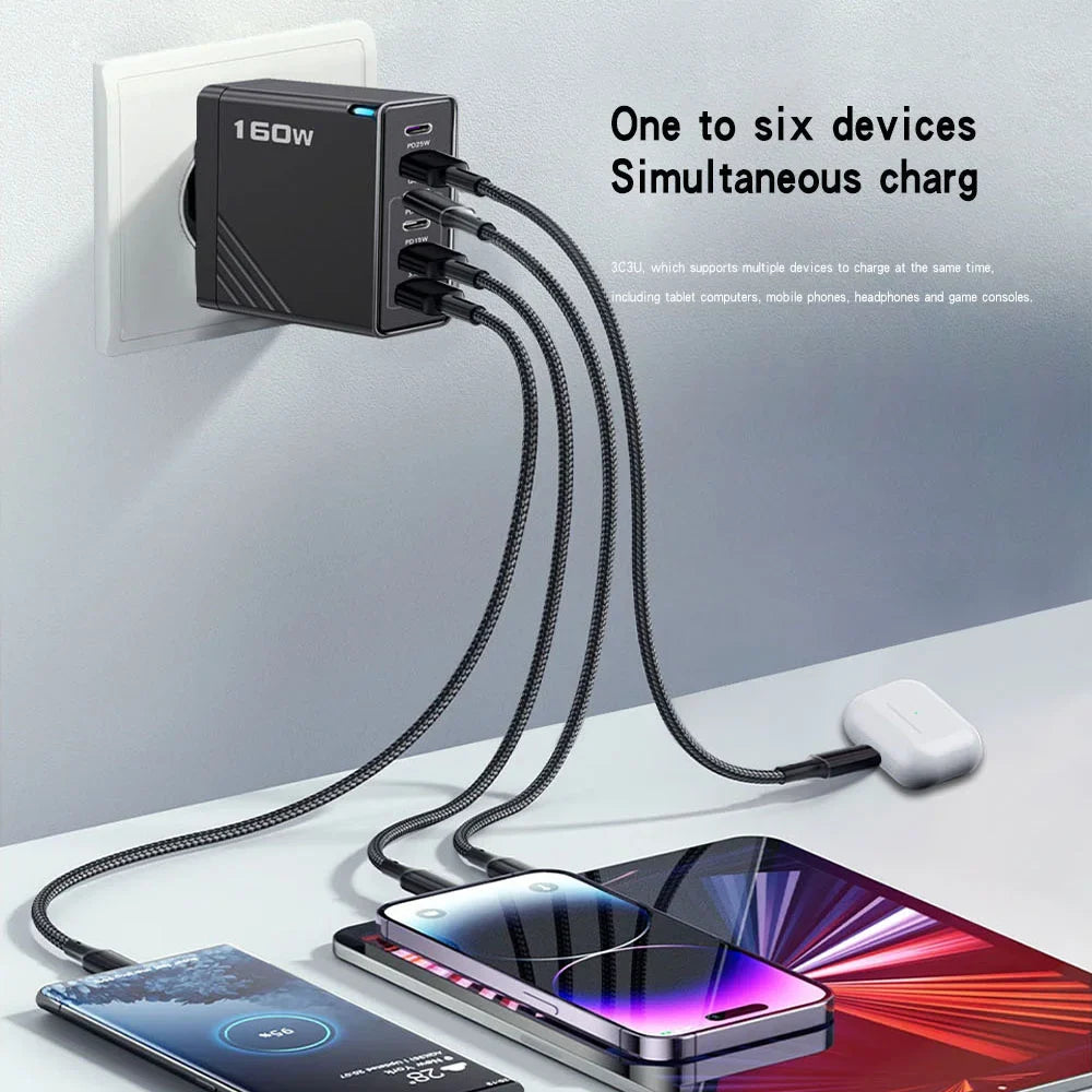 160W USB C Charger Fast Charging PD QC3.0 Wall Charger Adapter For iPhone 16 Samsung S24 Xiaomi Huawei Multi Ports Phone Charger