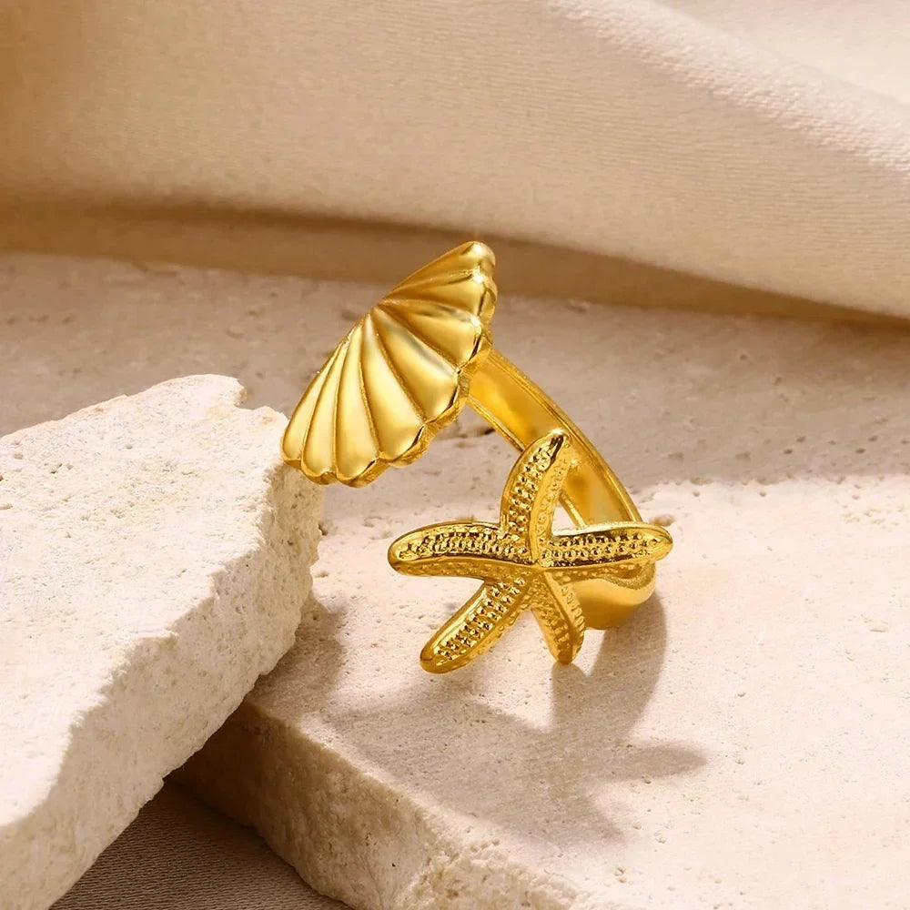 316L Stainless Steel Shell Rings for Women Adjustable Gold Color Little Star Open Rings Female Jewelry Weddings Gifts New Trendy