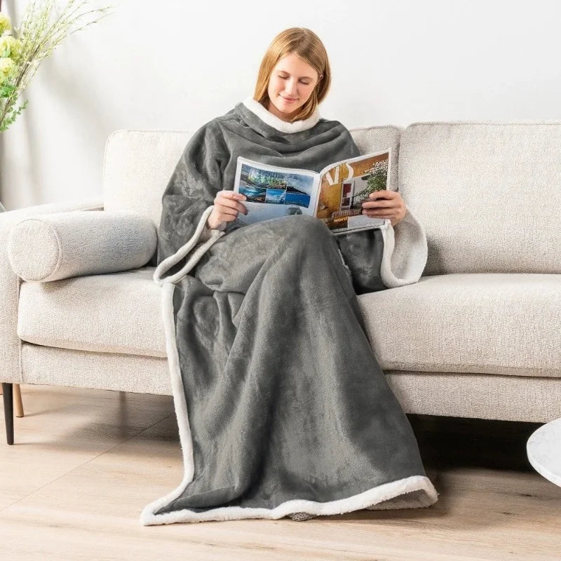 Grey Wearable Lazy TV Blanket With Sleeve,TV Sofa Blankets For Men Women,Thick Fleece Blanket Winter Adult Cozy Soft Nap Blanket