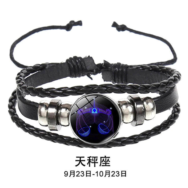 12 Constellation Zodiac Sign Charm Luminous Bracelets Men Women Vintage Multilayer Wrap Leather Chain Bangle Birthday Jewelry