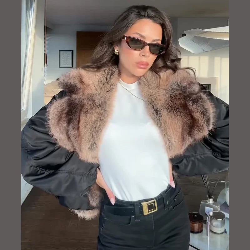 Fashion Faux Fur Patchwork Cotton Coat Women Lapel Zipper Pocket Cropped Street Warm Jacket 2026 Winter Lady Puffer Jackets New