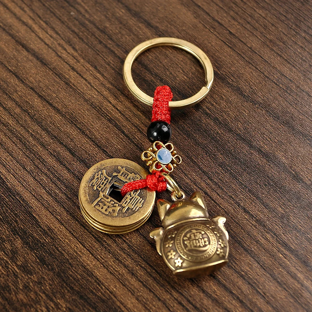 1Pc Vintage Handmade Lucky Cat Keychain Five Emperors Feng Shui Coins Key Ring Car Pendant Lucky Ornament Gift