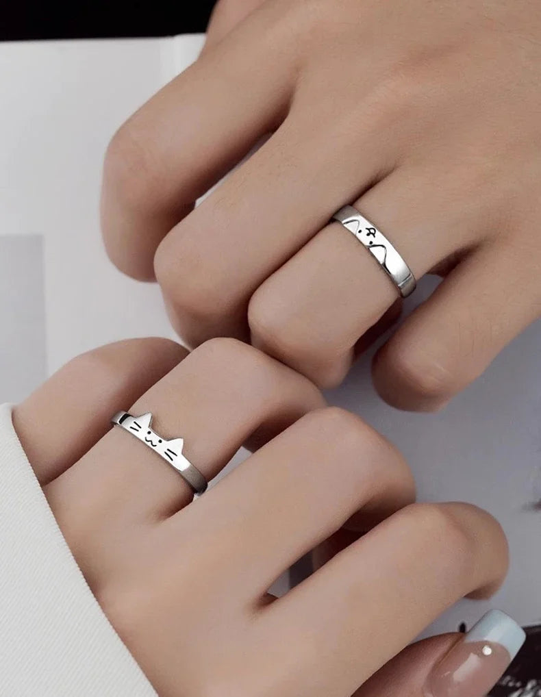 2pcs Simple Design Cute Cat Dog Animal Adjustable Couple Ring for Women Men Cartoon Fashion Couple  Friends Rings Jewelry Gifts