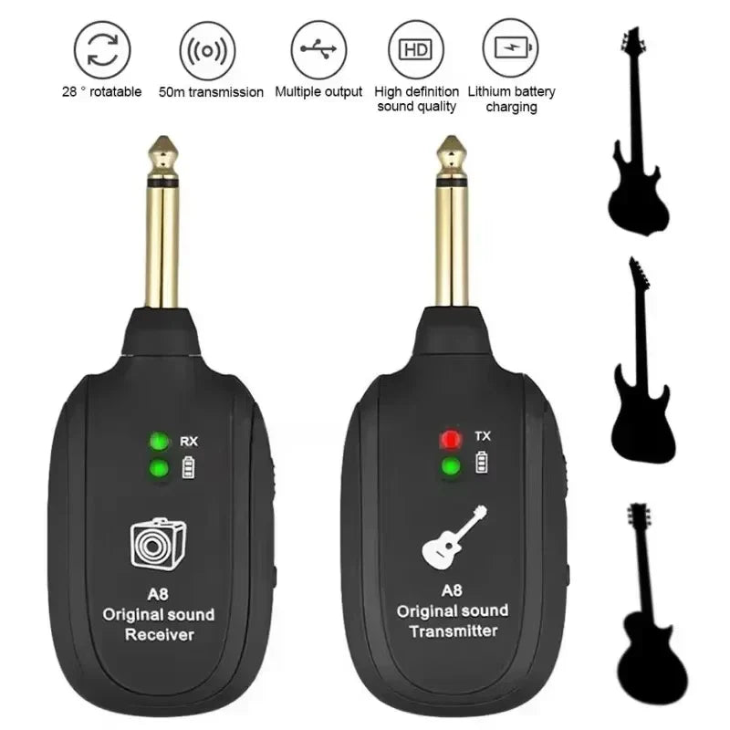 A8 Guitar Wireless System - Built-in Rechargeable Transmitter & Receiver for Electric Guitar/Bass