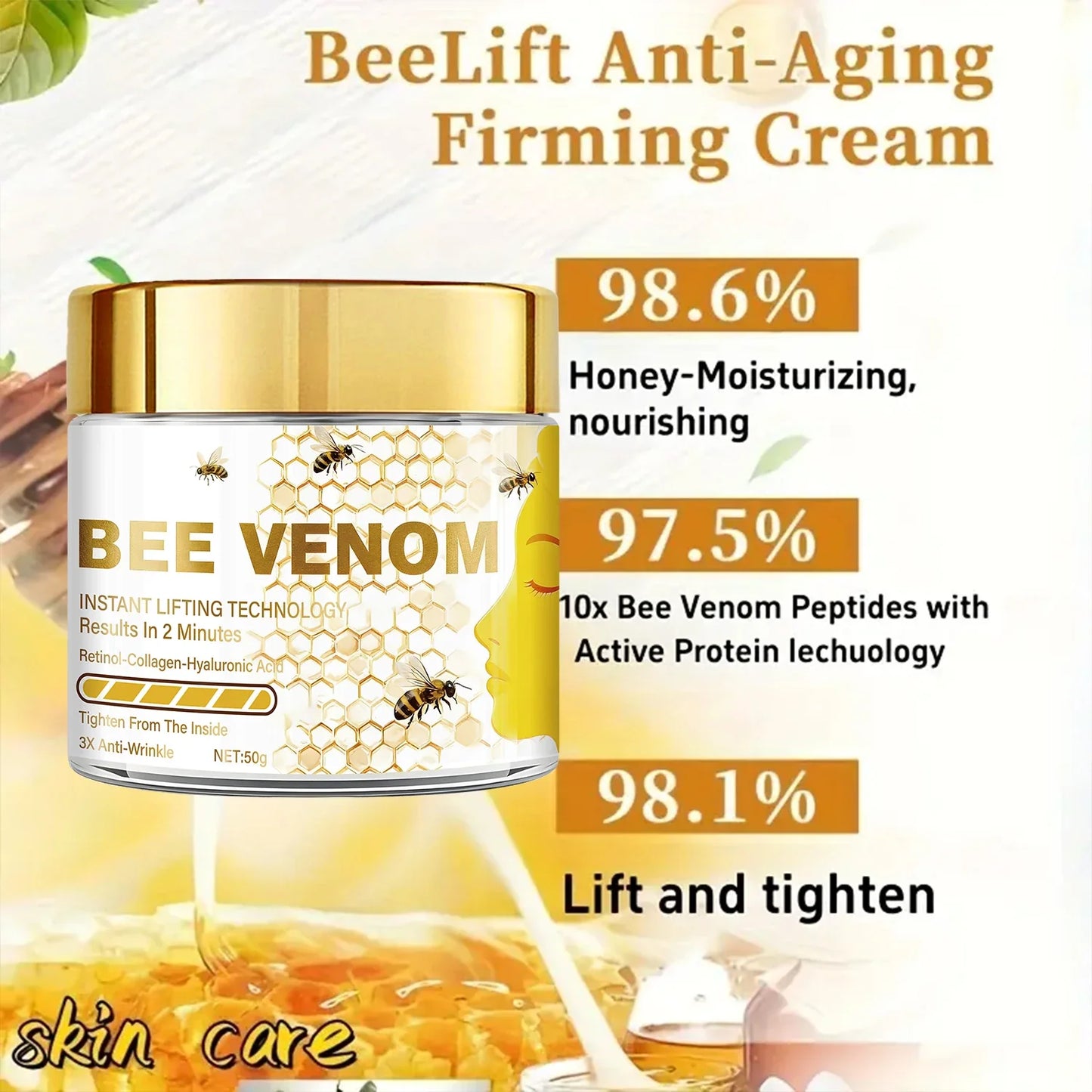 Bee venom instant lifting face cream, containing retinol and collagen, deeply penetrates, tightens and moisturizes