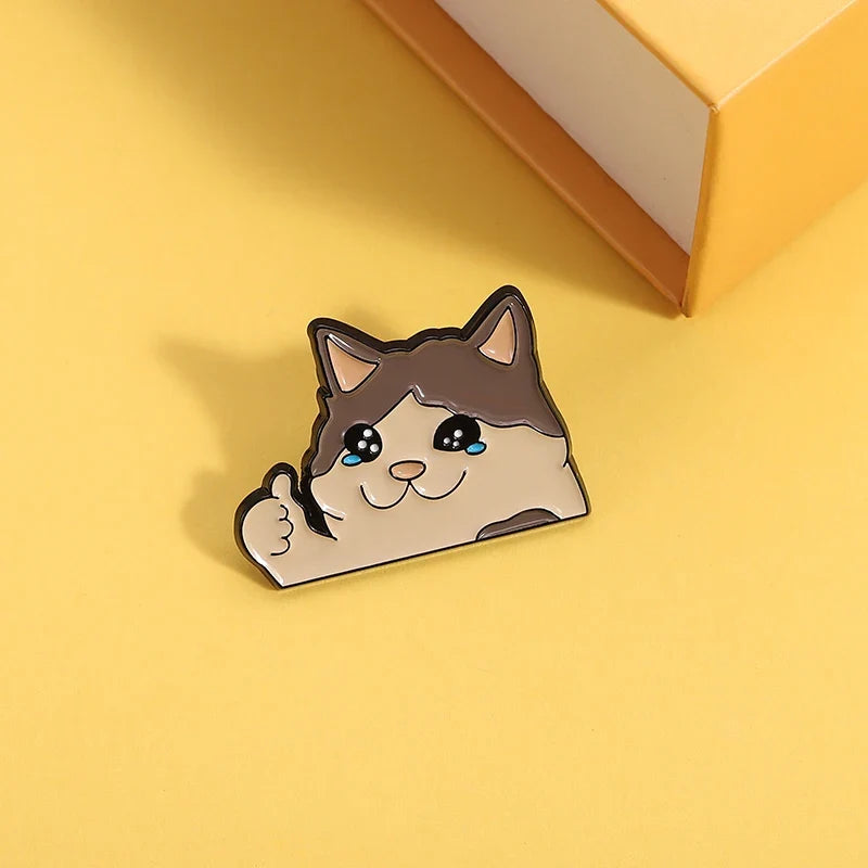 Thumb Up Crying Cat Enamel Pin Kawaii Humorous Animal Brooch Lapel Backpack Badge Funny Jewelry Gifts For Cat Lovers Friends