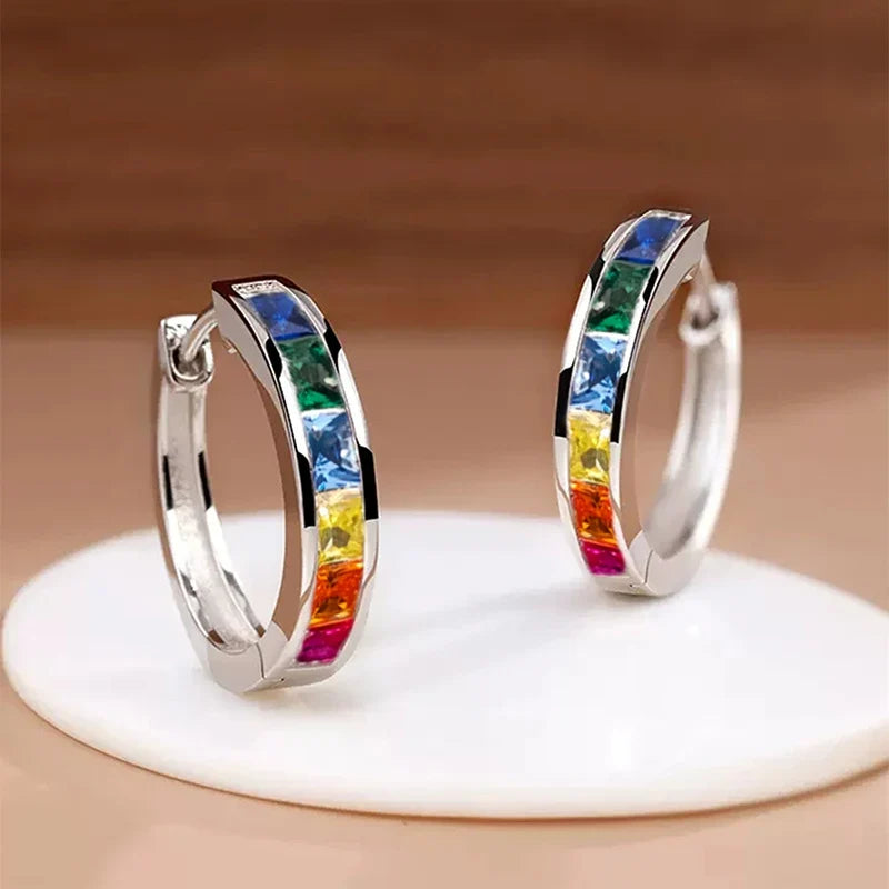 Huitan Hoop Earrings with Princess Cubic Zirconia Exquisite Ear Circle Earrings for Women Silver Color Fashion Versatile Jewelry