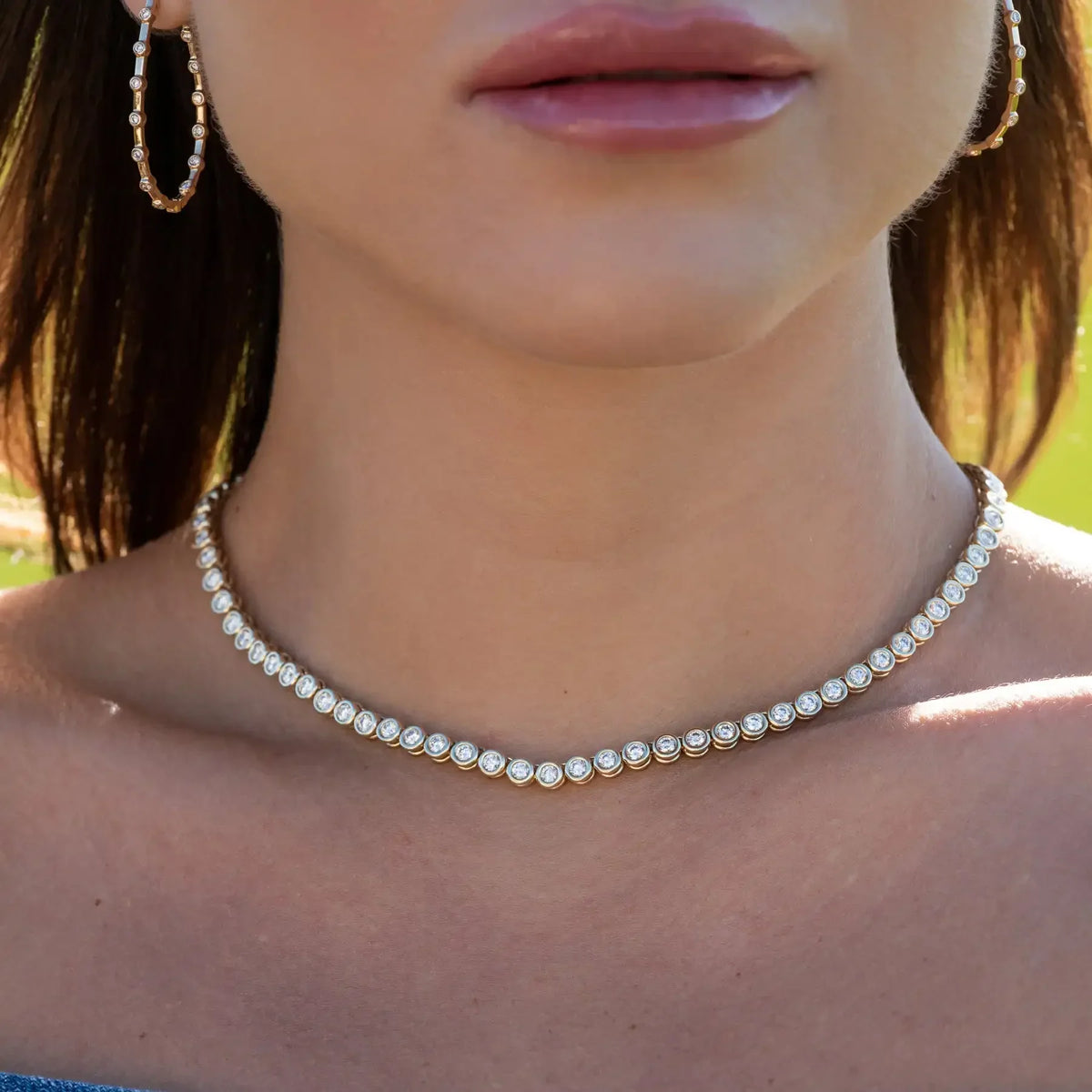 Geometric High Quality Fashion Women Jewelry Bezel Set Round Shaped Tennis Chain Bracelet Necklace Set