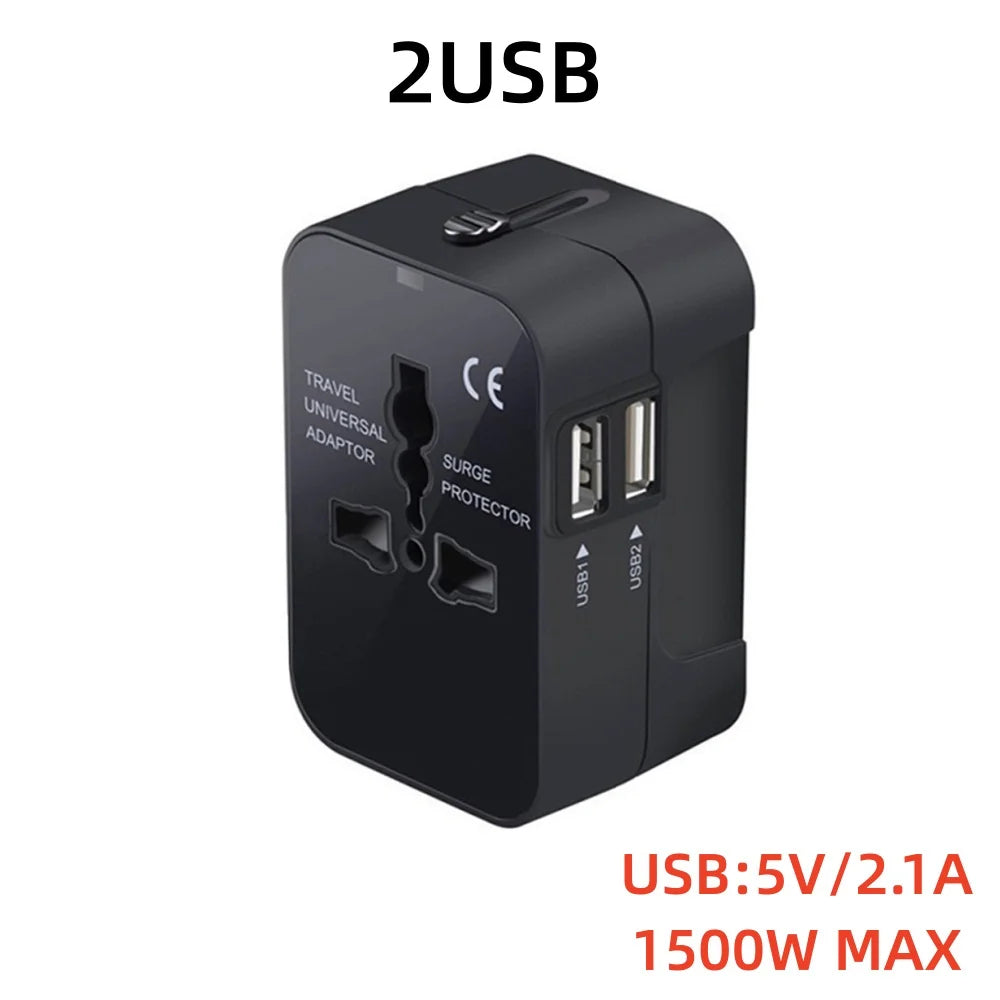 International Travel Plug Adapter EU US UK AU to Universal AC Power Converter Socket with 2 USB Ports Safety Shutter Locking