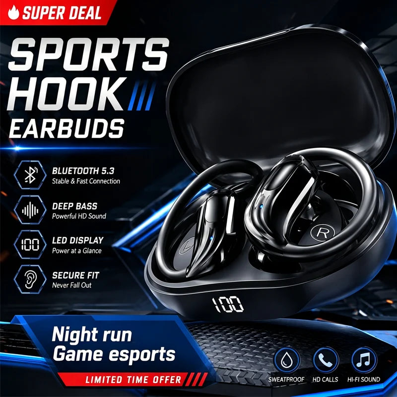 Wireless Bluetooth 5.3 Earbuds LED Display Sports Earhook Headphones Deep Bass HiFi Stereo Noise Cancelling Runing Earphones