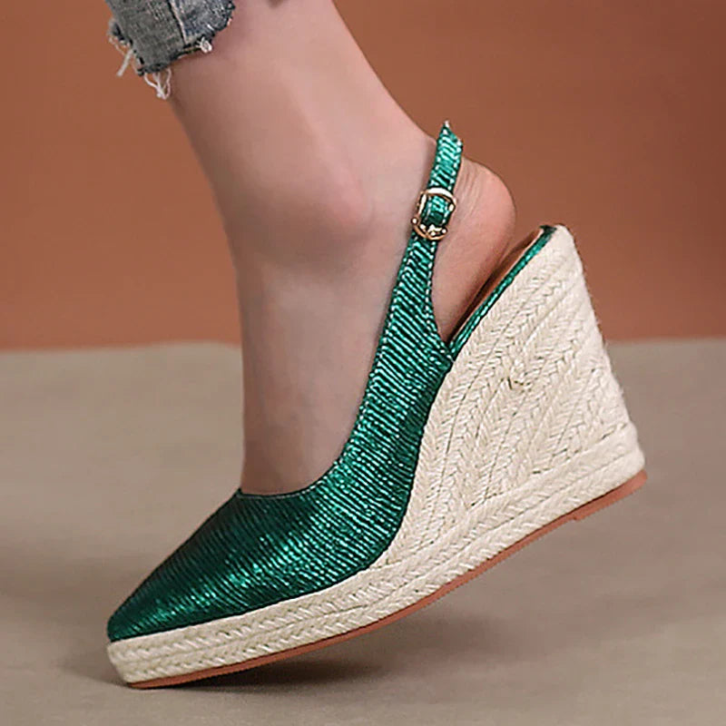 LIHUAMAO wedge ankle strap pointed toe shoes women slingback heels platform espadrilles shoes lady singback heel pumps
