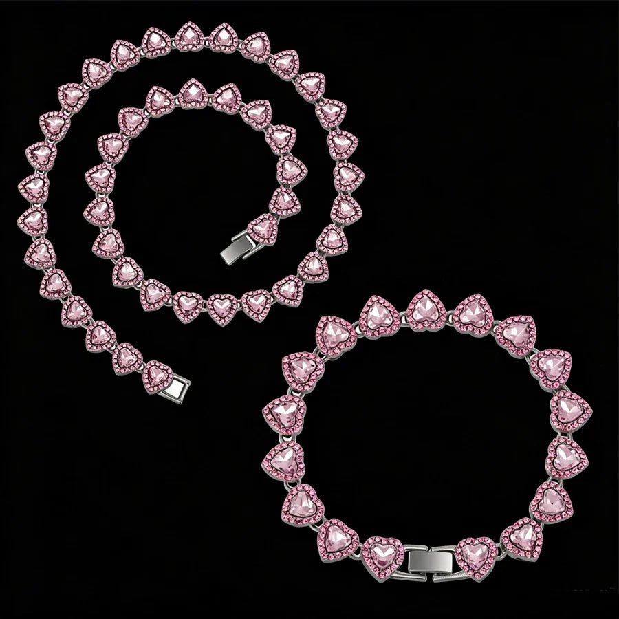 Yupsk 45CM/20CM Shiny Heart Rhinestone Hip Hop Rock Tennis Chain Bracelet Necklace for Women Men Trendy Jewelry Set Gift