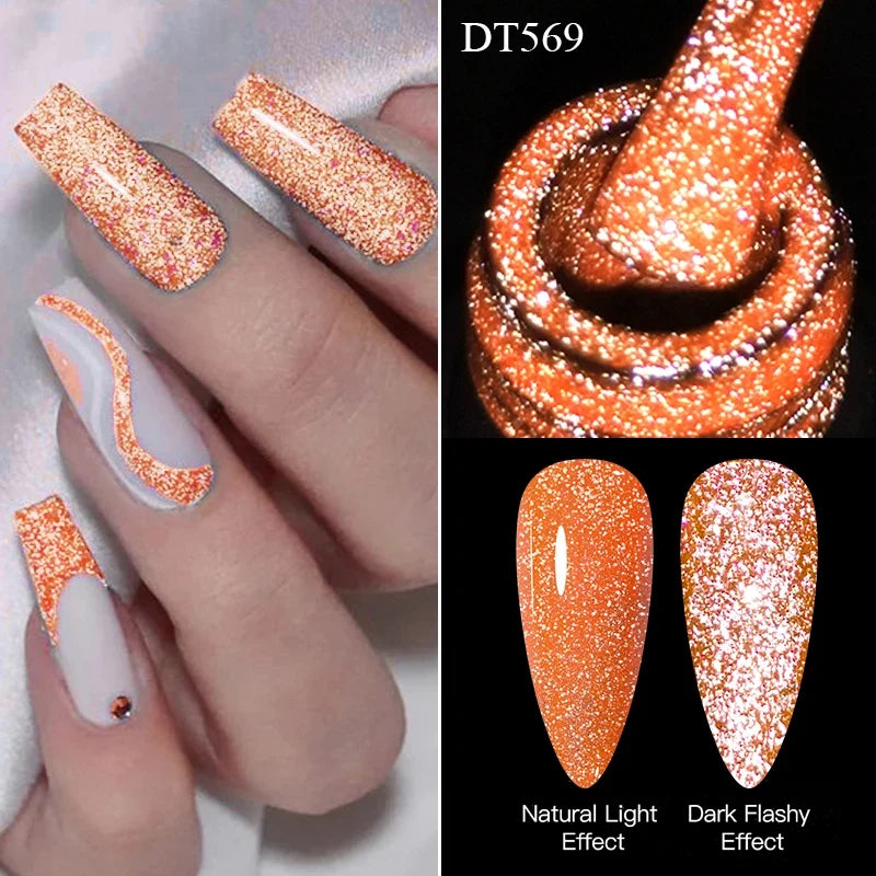 MEET ACROSS 7ml Pink Fluorescent Reflective Gel Nail Polish Glitter Neon Semi Permanent UV LED Gel Nail Art Varnish Manicure