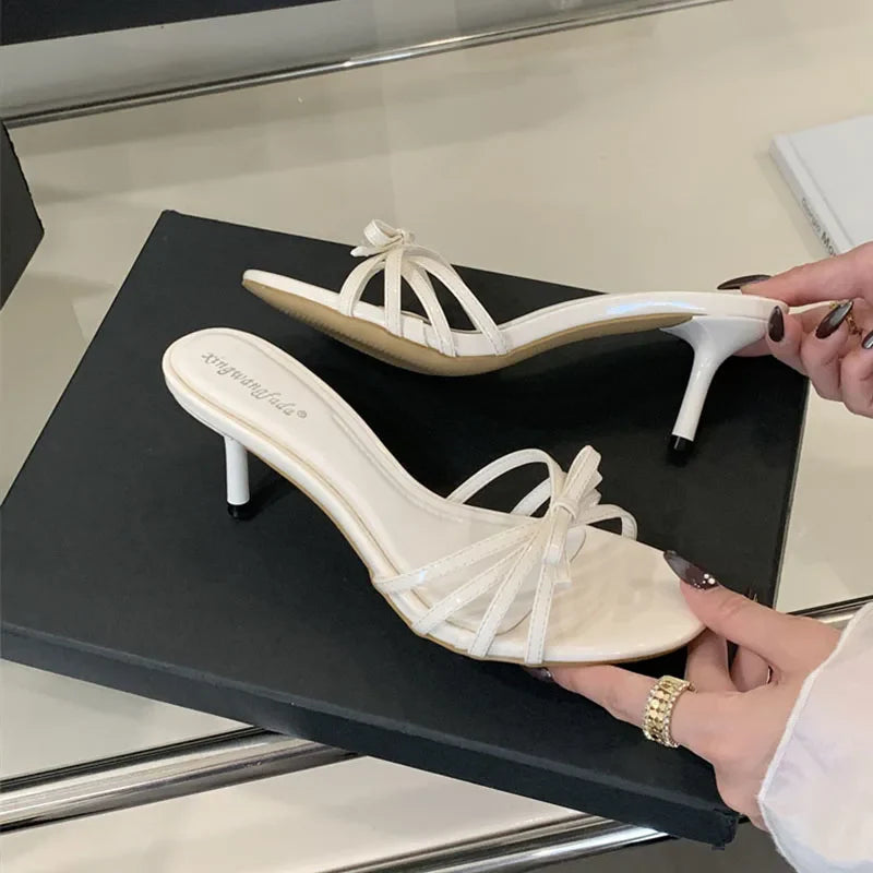 Women Thin Heels Sandals Slides Shoes Butterfly-Knot Footwear Fashion Round Toe Ladies High Heels Shoes Female Sandals Pumps