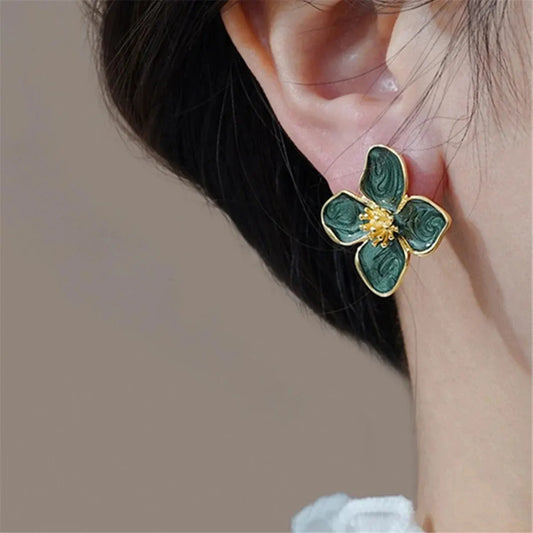 Gold Color Metal Flower Shape Green Epoxy Earrings Stud For Women Milky Color Enamel Girl Cute Post Earrings Ins Fashion Jewelry
