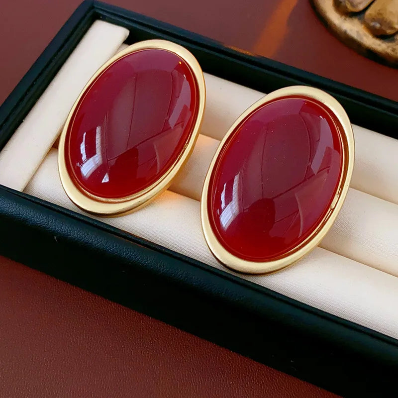 Anchor Red Geometric Oval Stud Earrings for Women Personality Versatile Resin Earrings Simple Fashion Jewelry Wholesale Gifts N1