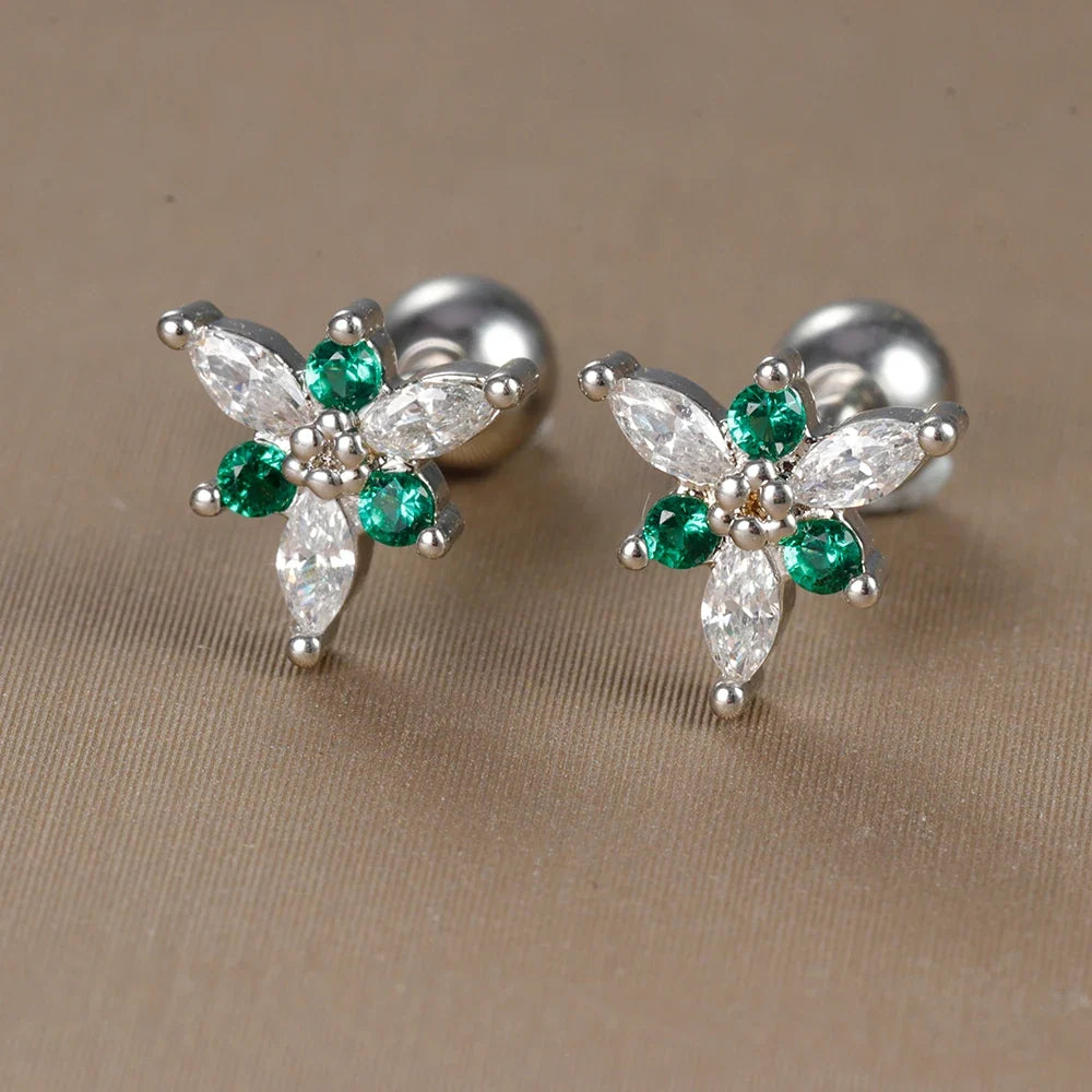 2PC Stainless Steel Little Stud Earring for Women Tiny Green Crystal Zirconia Cartilage Helix Tragus Piercing Earrings Jewelry
