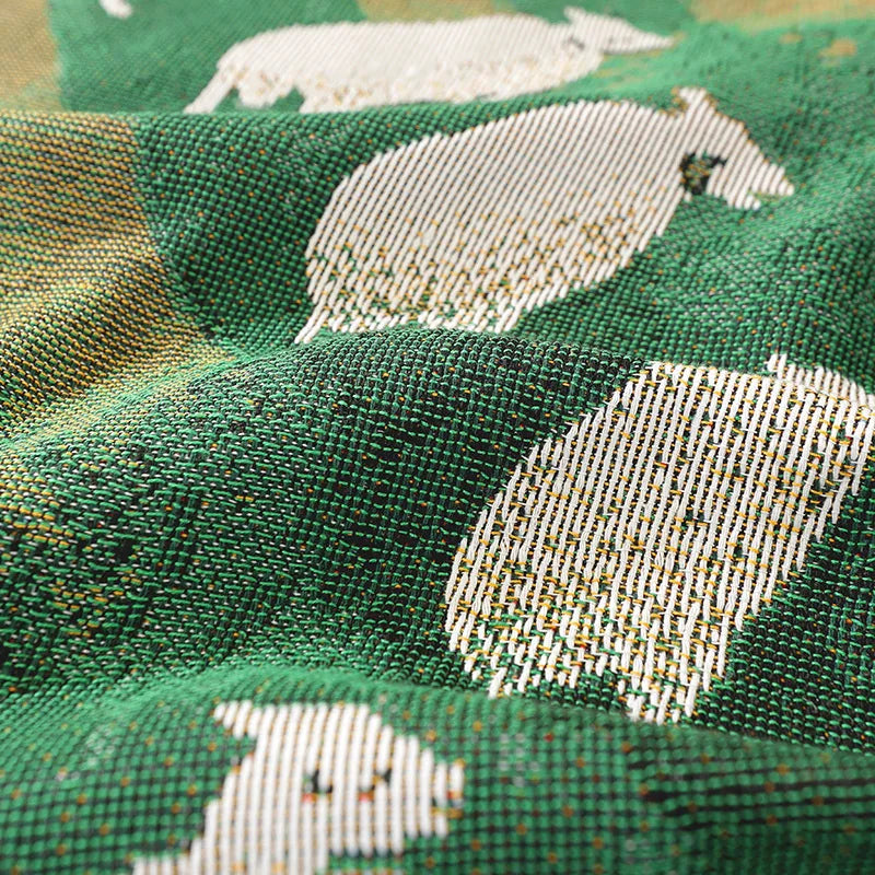 Textile City Sheep Herd Green Meadow Jacquard Woven Throw Blanket Whimsical Countryside Farm Animal Fringed Decor Sofa Blanket