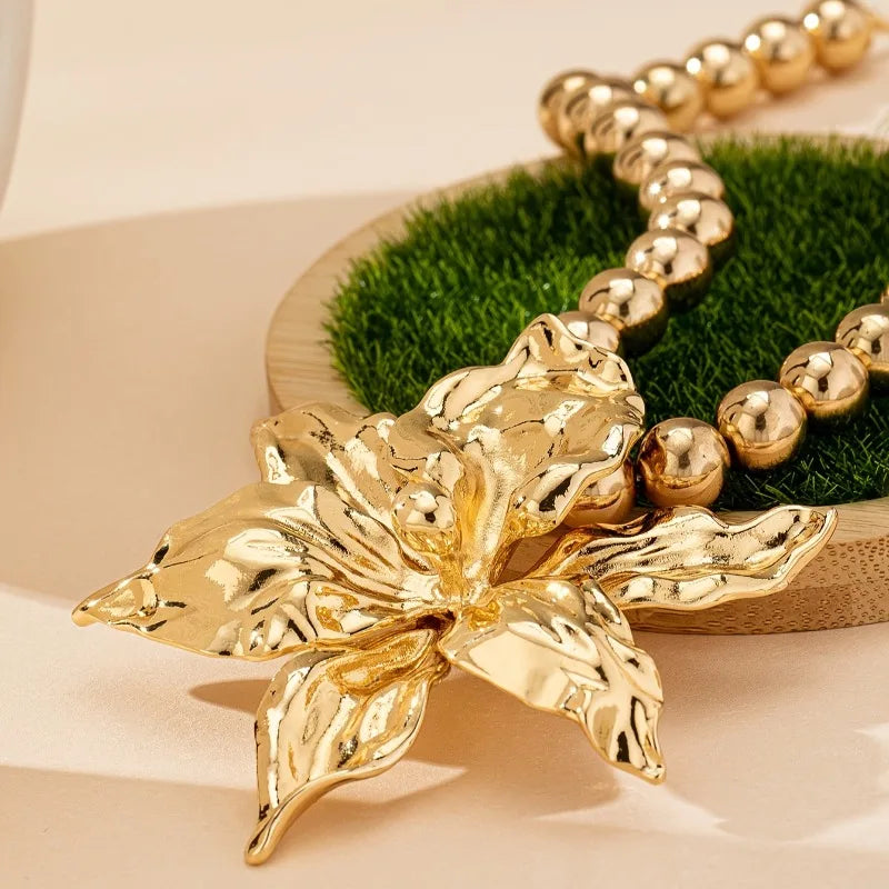 1pc Boho Beaded Chain Metal Large Volume Flower Pendant Necklace for Women Daily Occasion Party Evening Wear