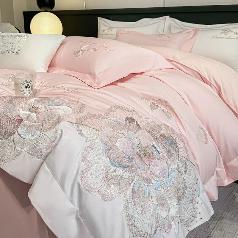 4pcs Light Luxury Style  120 Count Long Styl Cotton polyeste Embroidered Bedding Duvet Cover 200x230 220x240 Four Seasons