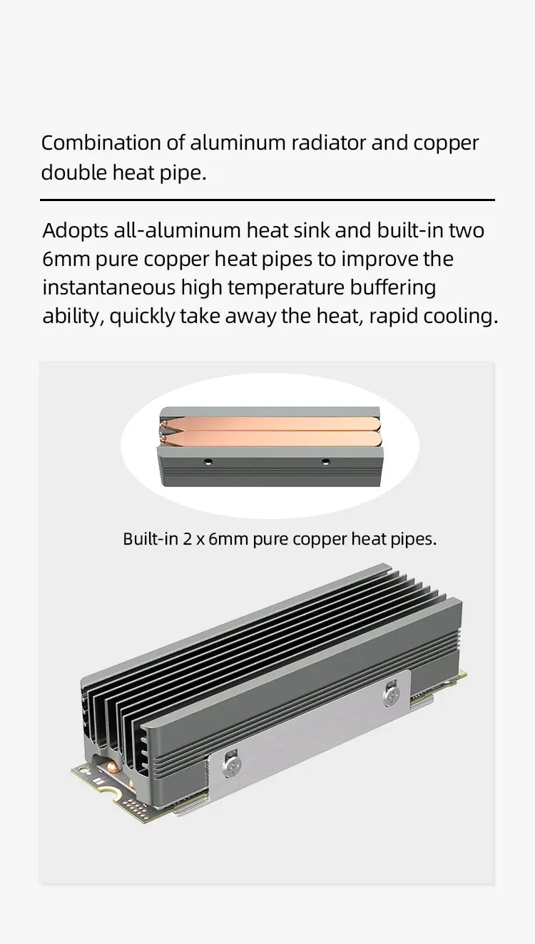 TEUCER M.2 NVMe 2280 SSD Heatsink Dual Copper Tube High Efficiency Radiator with Double-sided SSD Thermal Pad