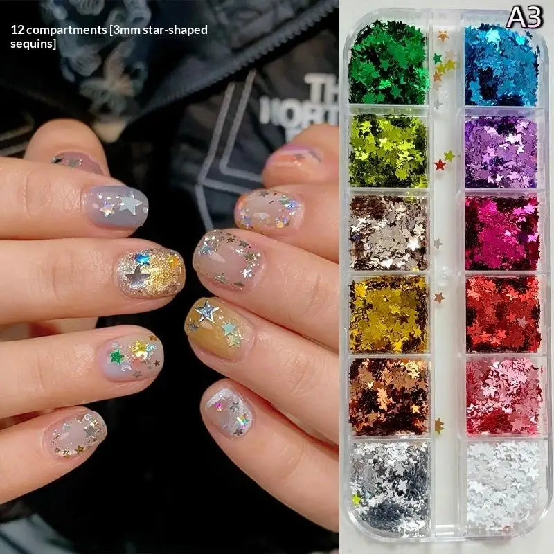 *12 Grids Mixed Mini Circular Colorful Nail Glitter Wave Point Sequin Sparkling Flower DIY Nail Decoration Nail Charms