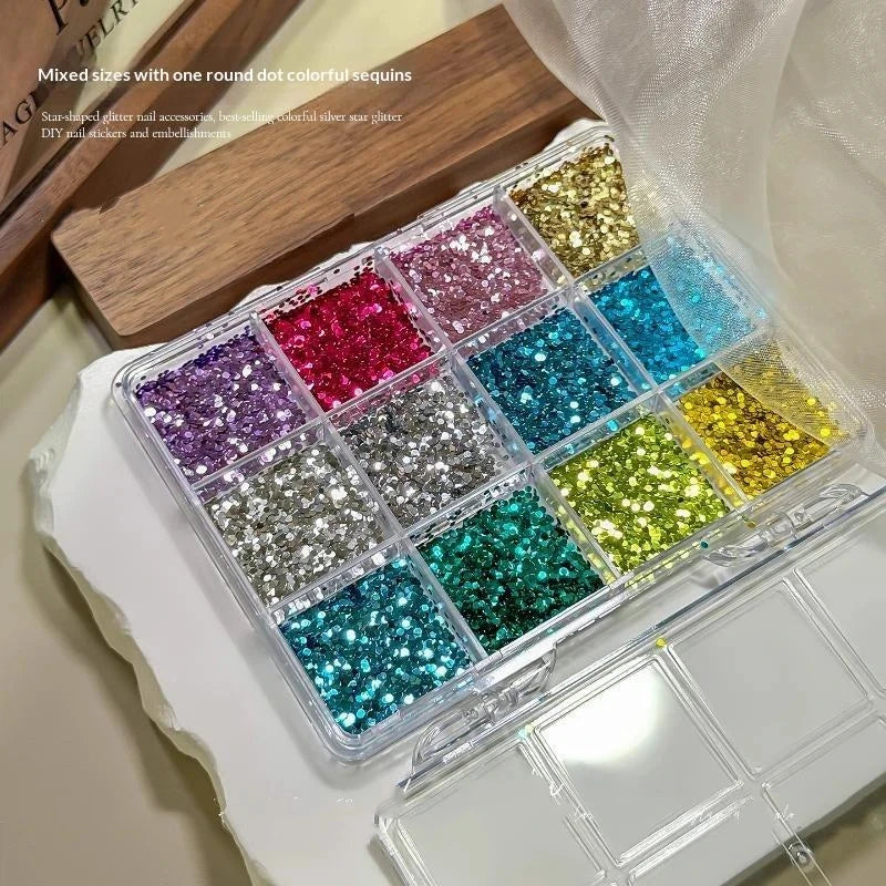 *12 Grids Mixed Mini Circular Colorful Nail Glitter Wave Point Sequin Sparkling Flower DIY Nail Decoration Nail Charms
