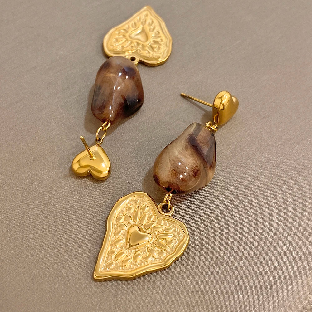 Greatera Caramel Amber Patterned Irregular Heart Earrings For Women Charm Stainless Steel Waterproof Popular Ear Accessories New