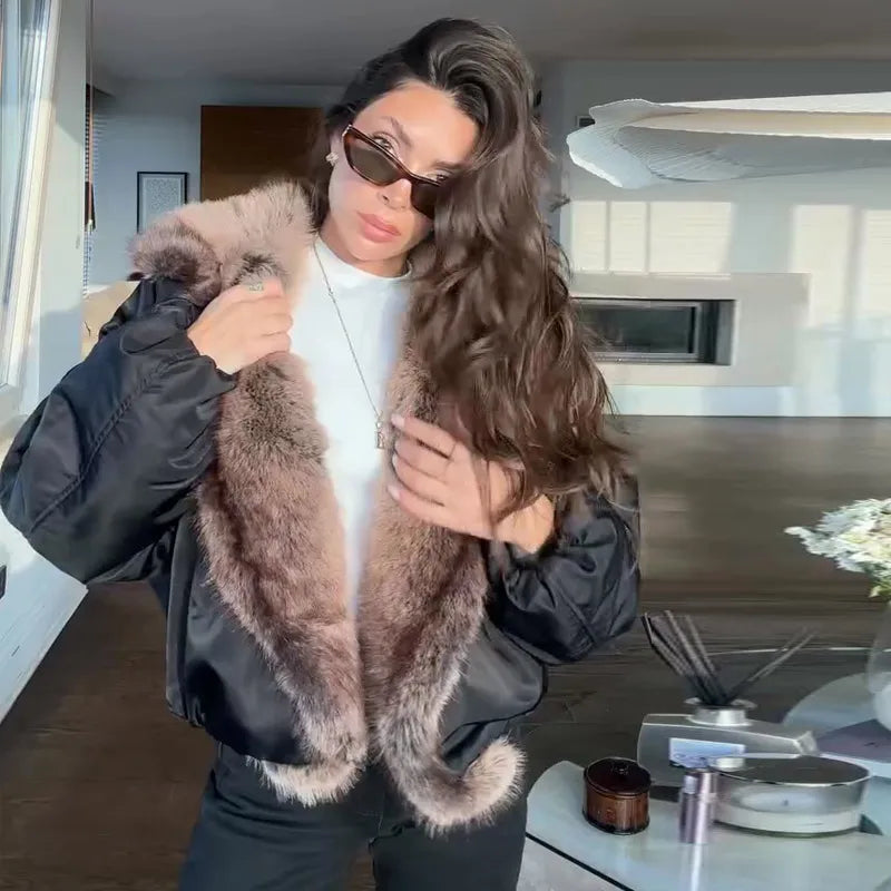 Fashion Faux Fur Patchwork Cotton Coat Women Lapel Zipper Pocket Cropped Street Warm Jacket 2026 Winter Lady Puffer Jackets New